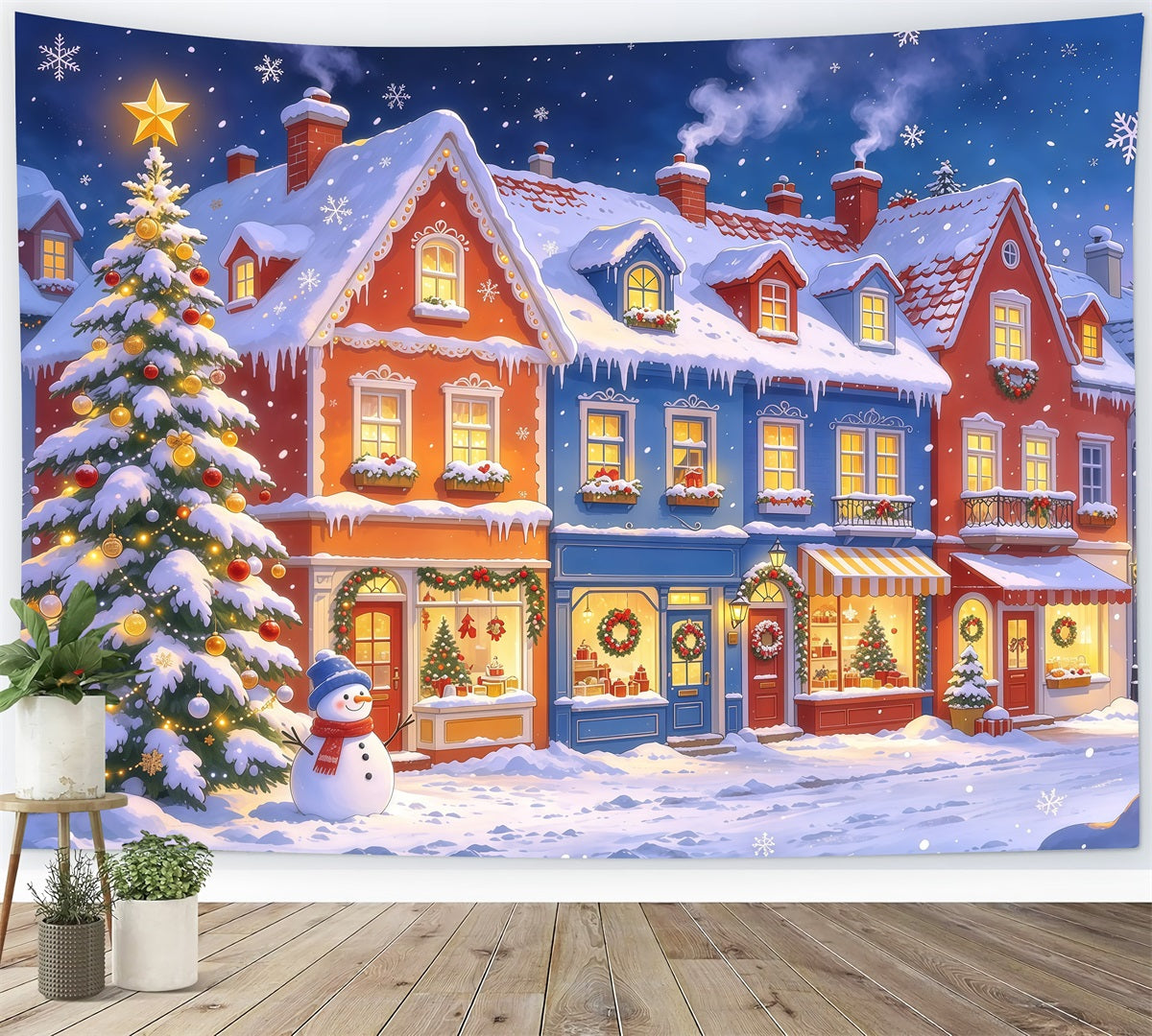 Christmas Town Backdrops Snowy Colorful Village Shopfront Christmas Picture Backdrop UK GQ610-17