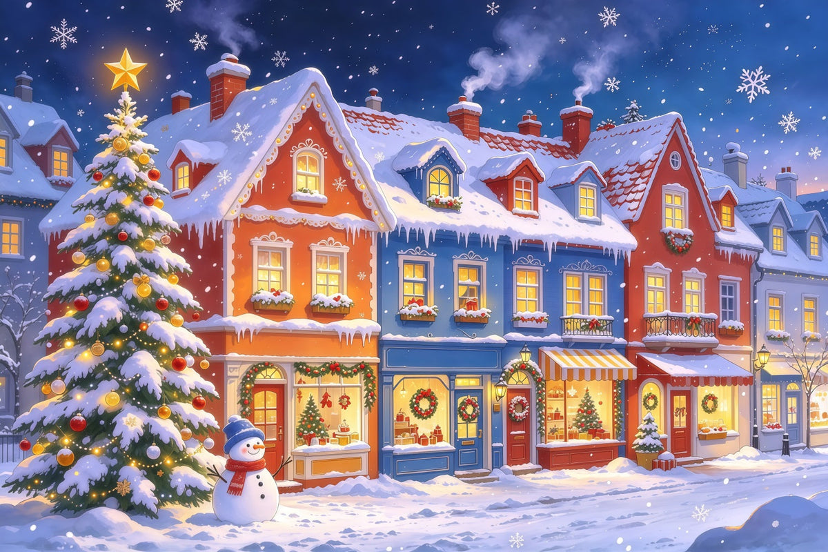 Christmas Town Backdrops Snowy Colorful Village Shopfront Christmas Picture Backdrop UK GQ610-17