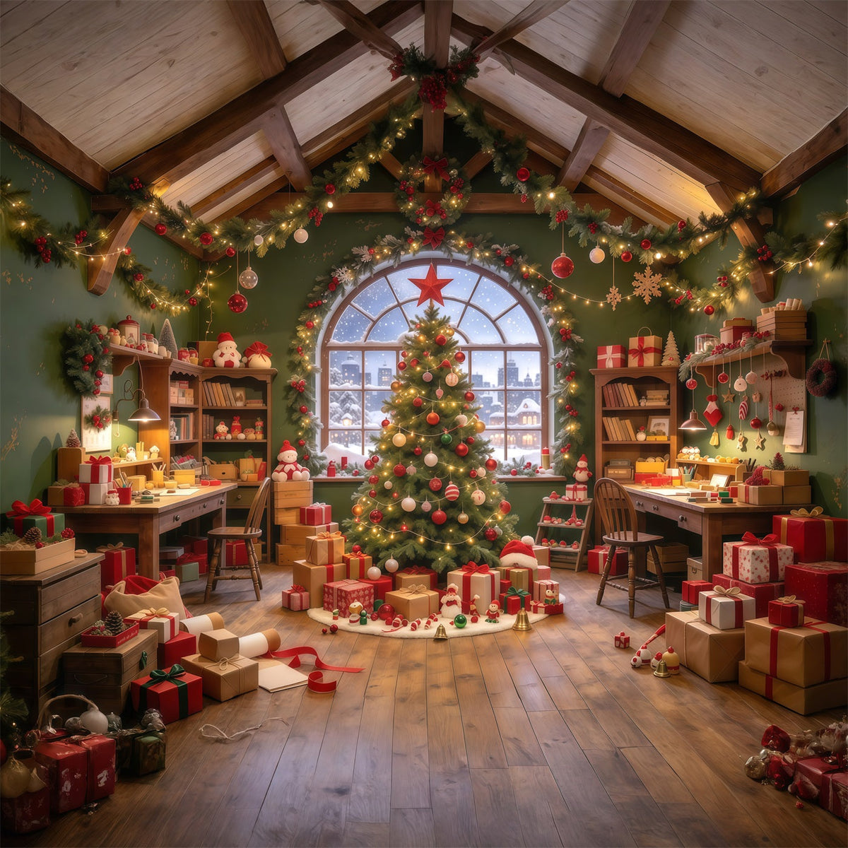 Santa Backdrop Cozy Toy Workshop Interior Christmas Backdrop UK GQ610-2