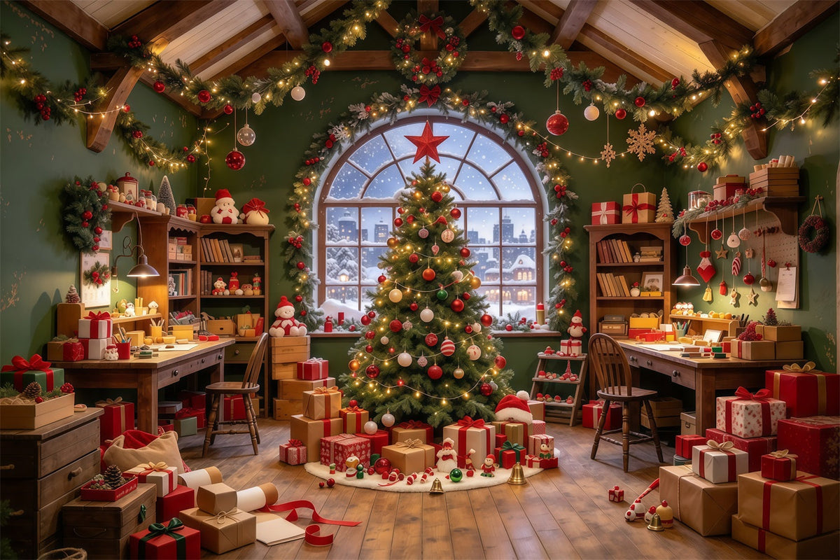 Santa Backdrop Cozy Toy Workshop Interior Christmas Backdrop UK GQ610-2
