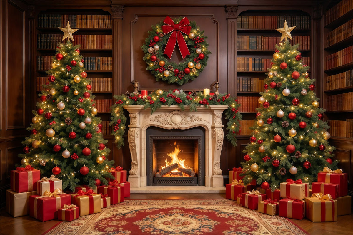 Christmas Backdrops for Photography Ornate Library Display Christmas Fireplace Backdrop UK GQ610-21
