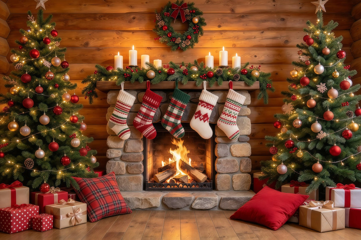 Christmas Fireplace Backdrop Rustic Stone Fireplace Stockings Christmas Backdrop for Photography UK GQ610-24
