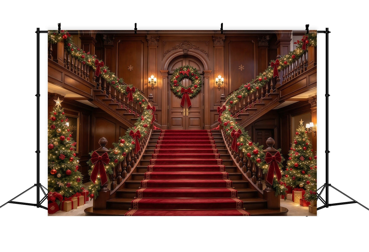 Christmas Scene Backdrop Garlanded Wooden Grand Staircase Christmas Staircase Backdrop UK GQ610-25