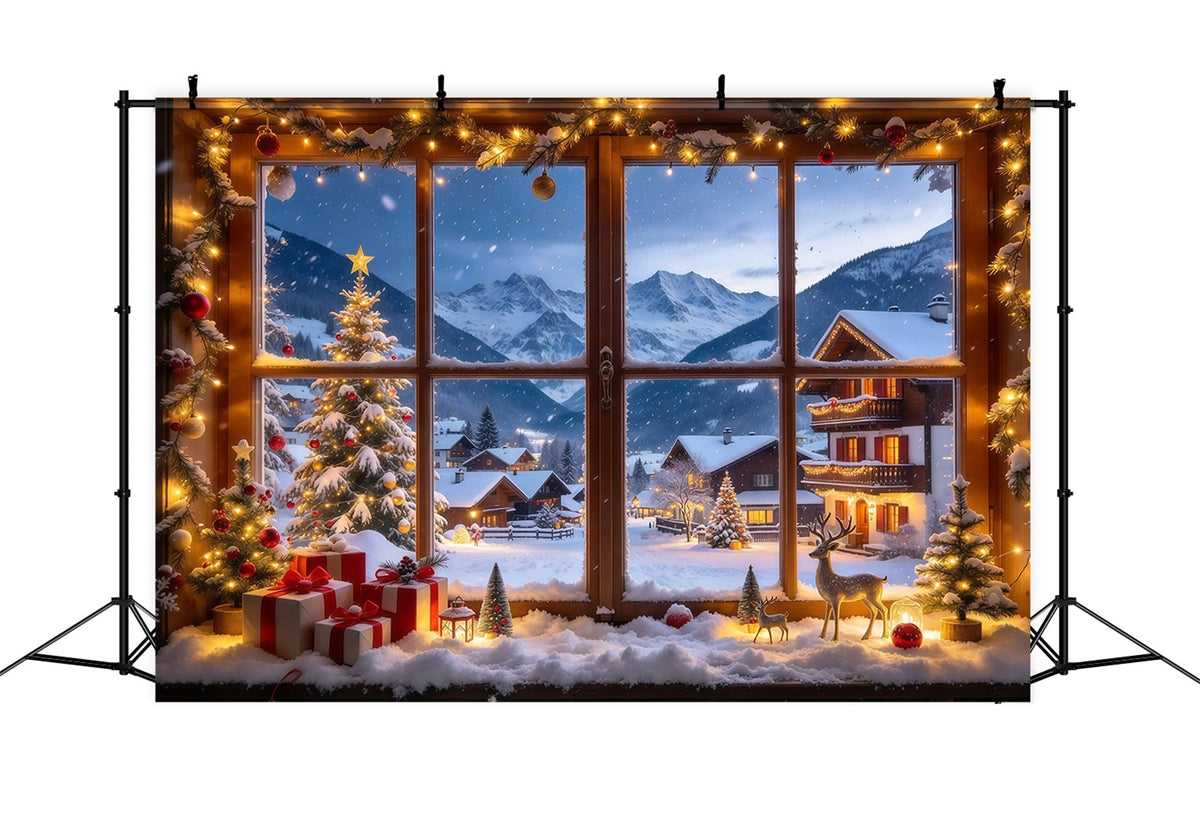 Winter Christmas Backdrop Snowy Alpine Village Window Christmas Village Backdrops UK GQ610-27