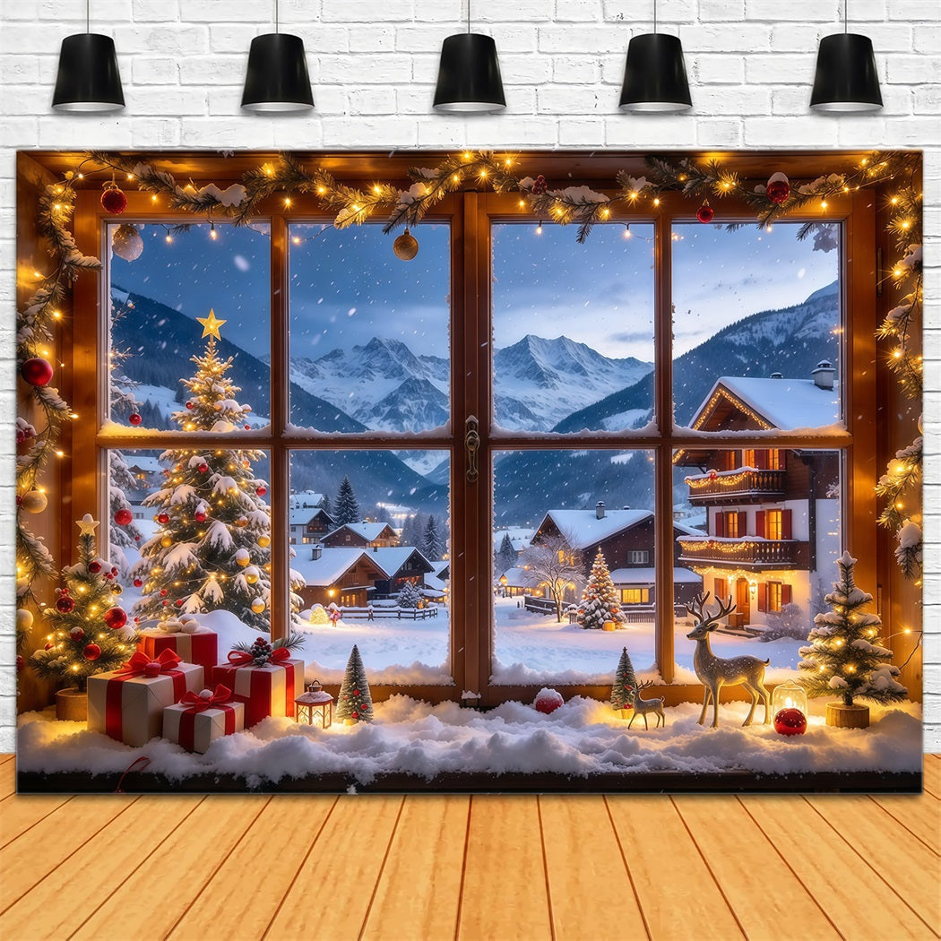 Winter Christmas Backdrop Snowy Alpine Village Window Christmas Village Backdrops UK GQ610-27