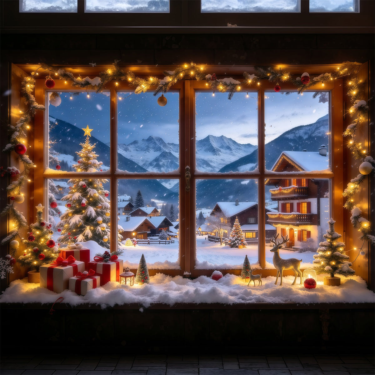 Winter Christmas Backdrop Snowy Alpine Village Window Christmas Village Backdrops UK GQ610-27