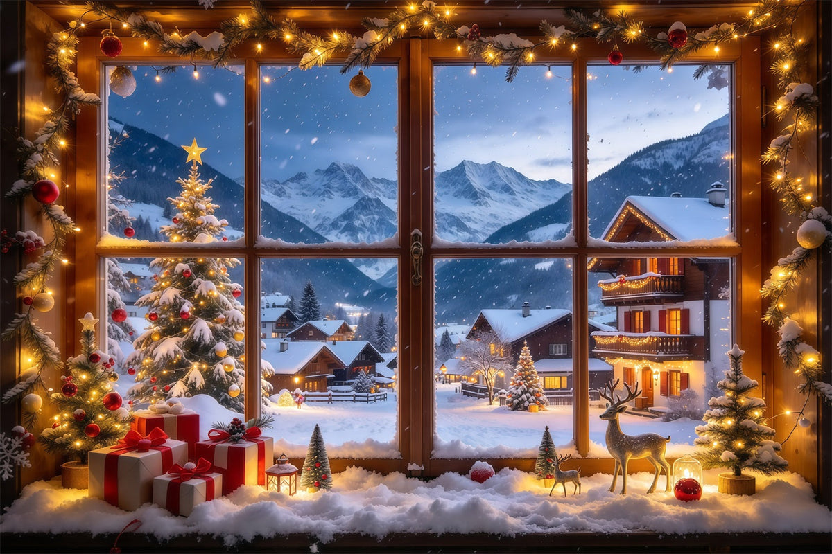 Winter Christmas Backdrop Snowy Alpine Village Window Christmas Village Backdrops UK GQ610-27