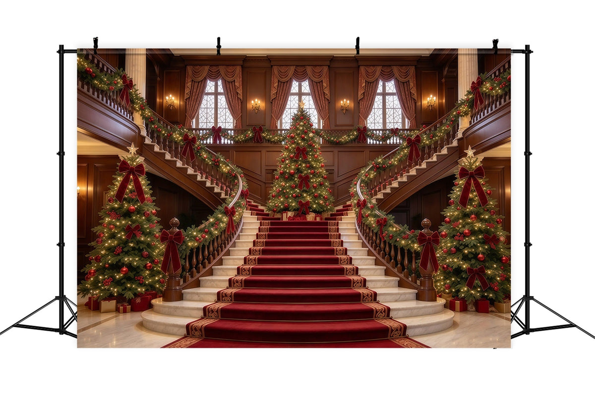 Living Room Christmas Backdrop Marble Staircase Evergreen Elegance Christmas Wall Backdrop UK GQ610-28