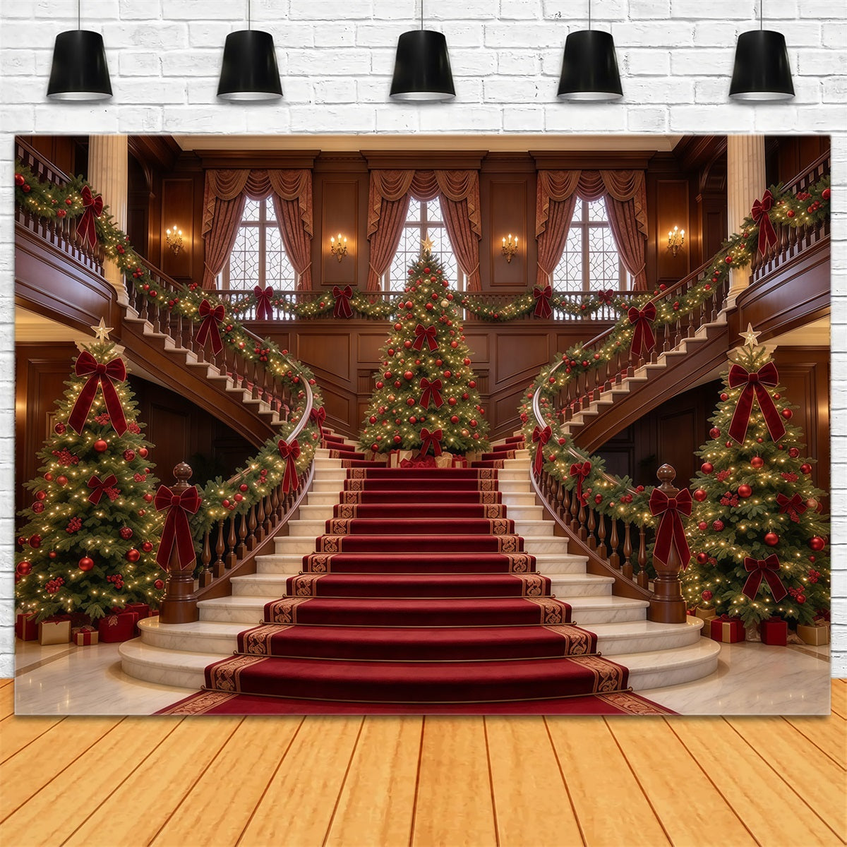 Living Room Christmas Backdrop Marble Staircase Evergreen Elegance Christmas Wall Backdrop UK GQ610-28
