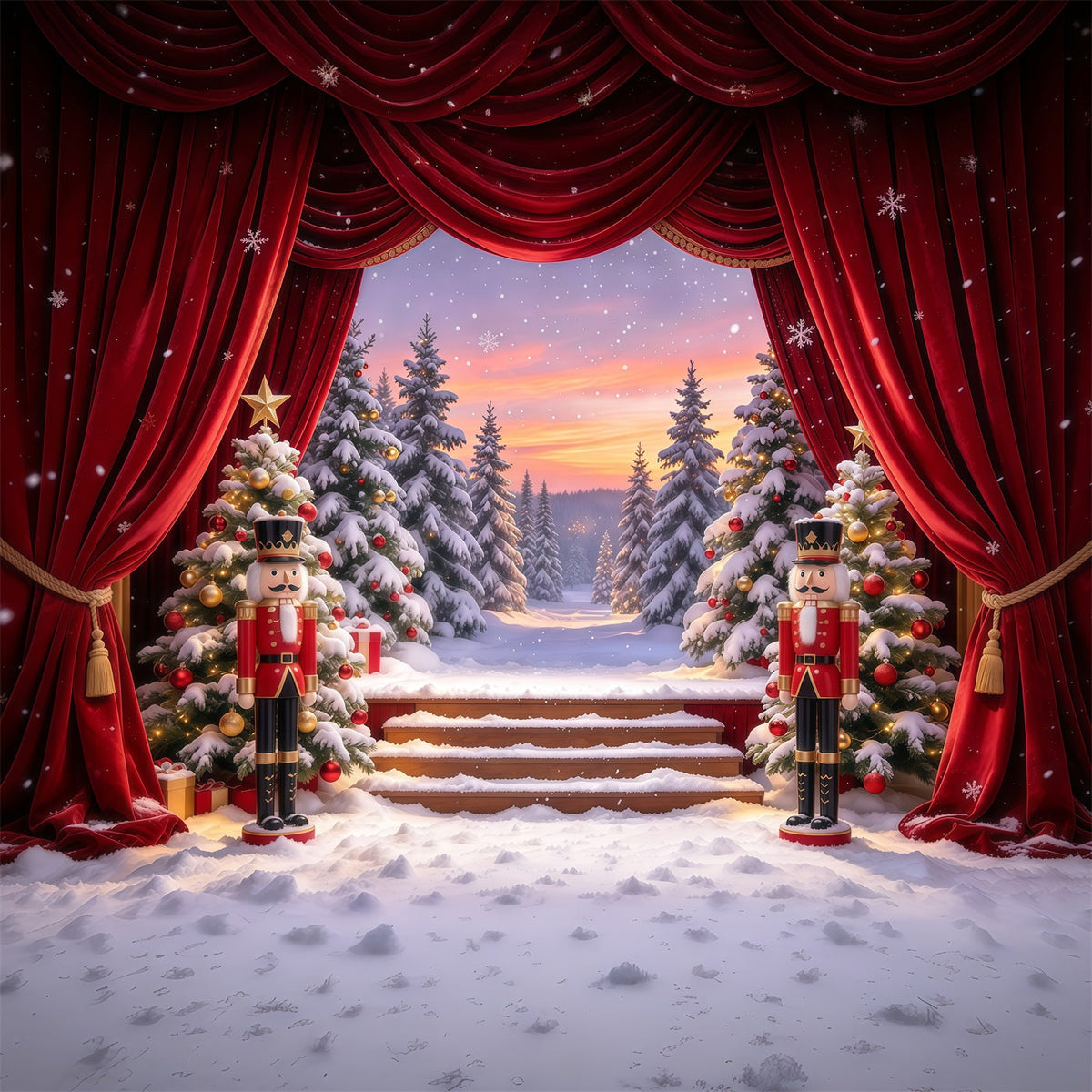 Christmas Theme Backdrop Snowy Forest Stage Curtain Nutcracker Backdrops UK GQ610-29