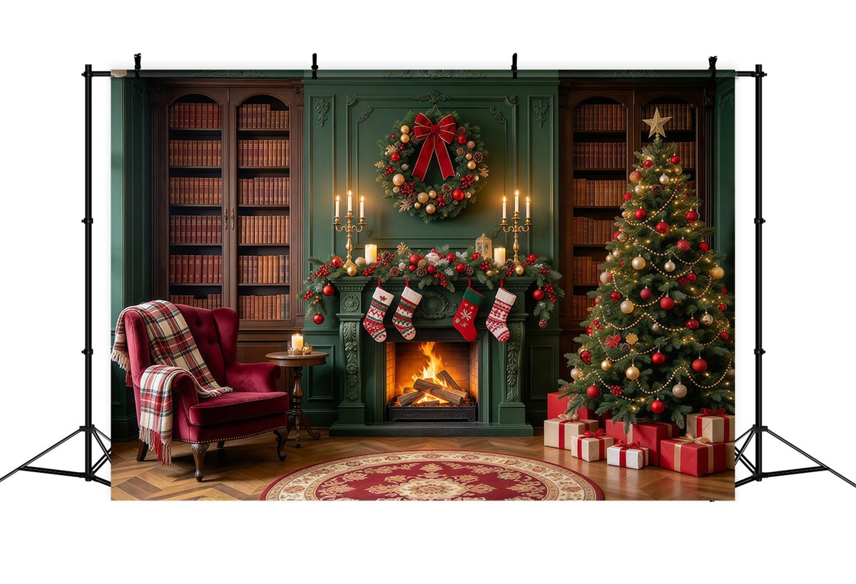 Christmas Fireplace Backdrops Vintage Emerald Library Stockings Christmas Scene Backdrop UK GQ610-30