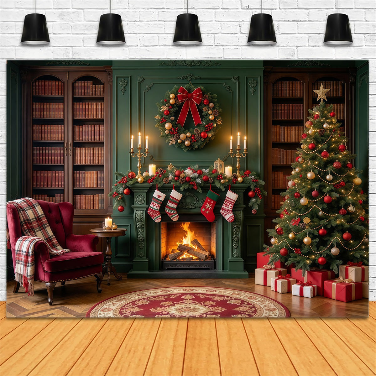 Christmas Fireplace Backdrops Vintage Emerald Library Stockings Christmas Scene Backdrop UK GQ610-30