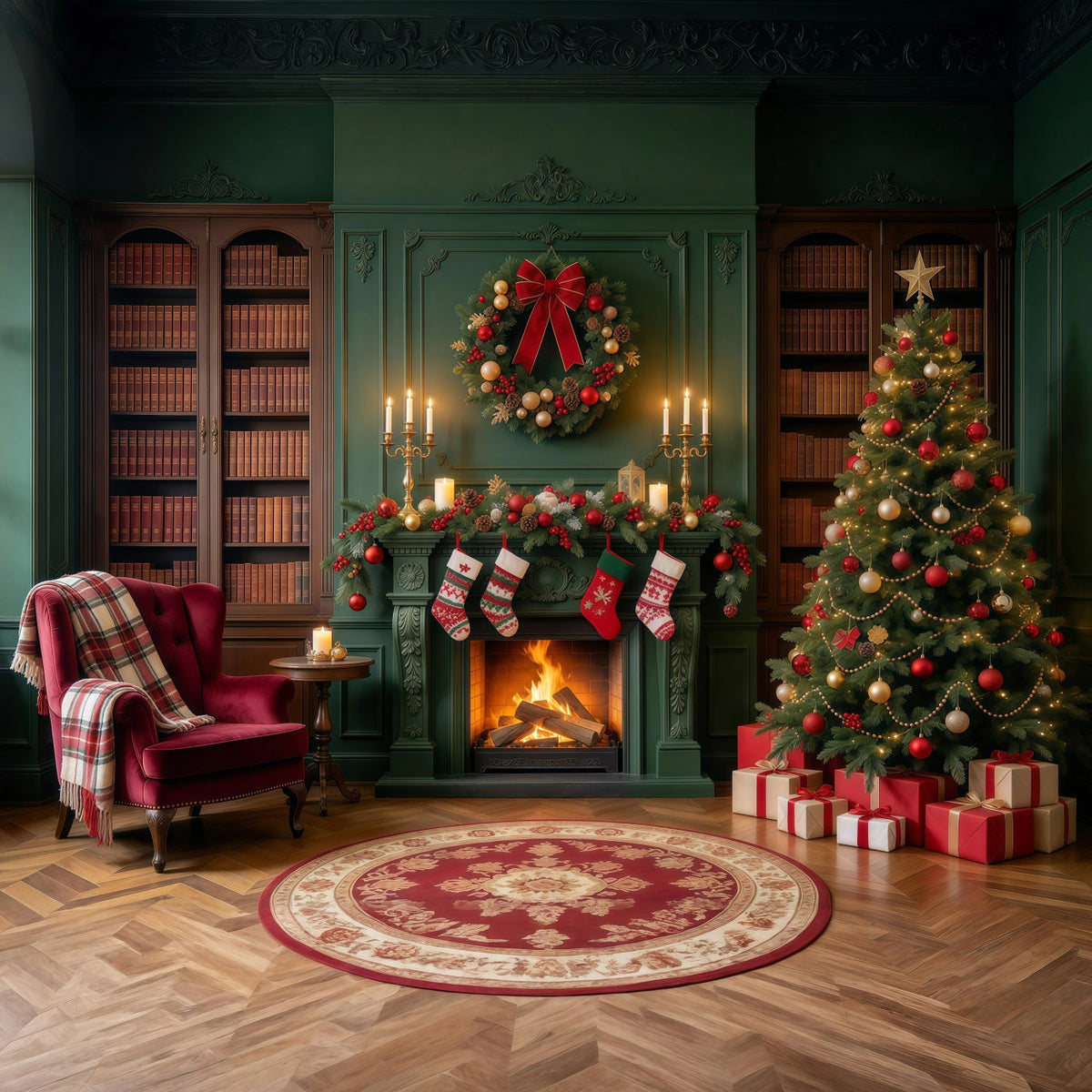 Christmas Fireplace Backdrops Vintage Emerald Library Stockings Christmas Scene Backdrop UK GQ610-30