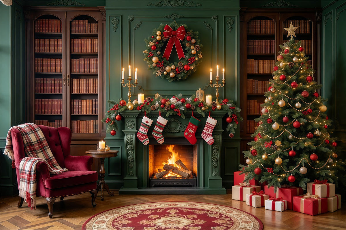 Christmas Fireplace Backdrops Vintage Emerald Library Stockings Christmas Scene Backdrop UK GQ610-30