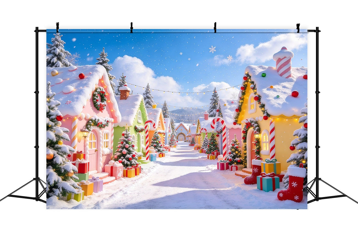 Christmas Village Backdrops Pastel Candy Cottage Snow Christmas Photo Backdrop UK GQ610-31