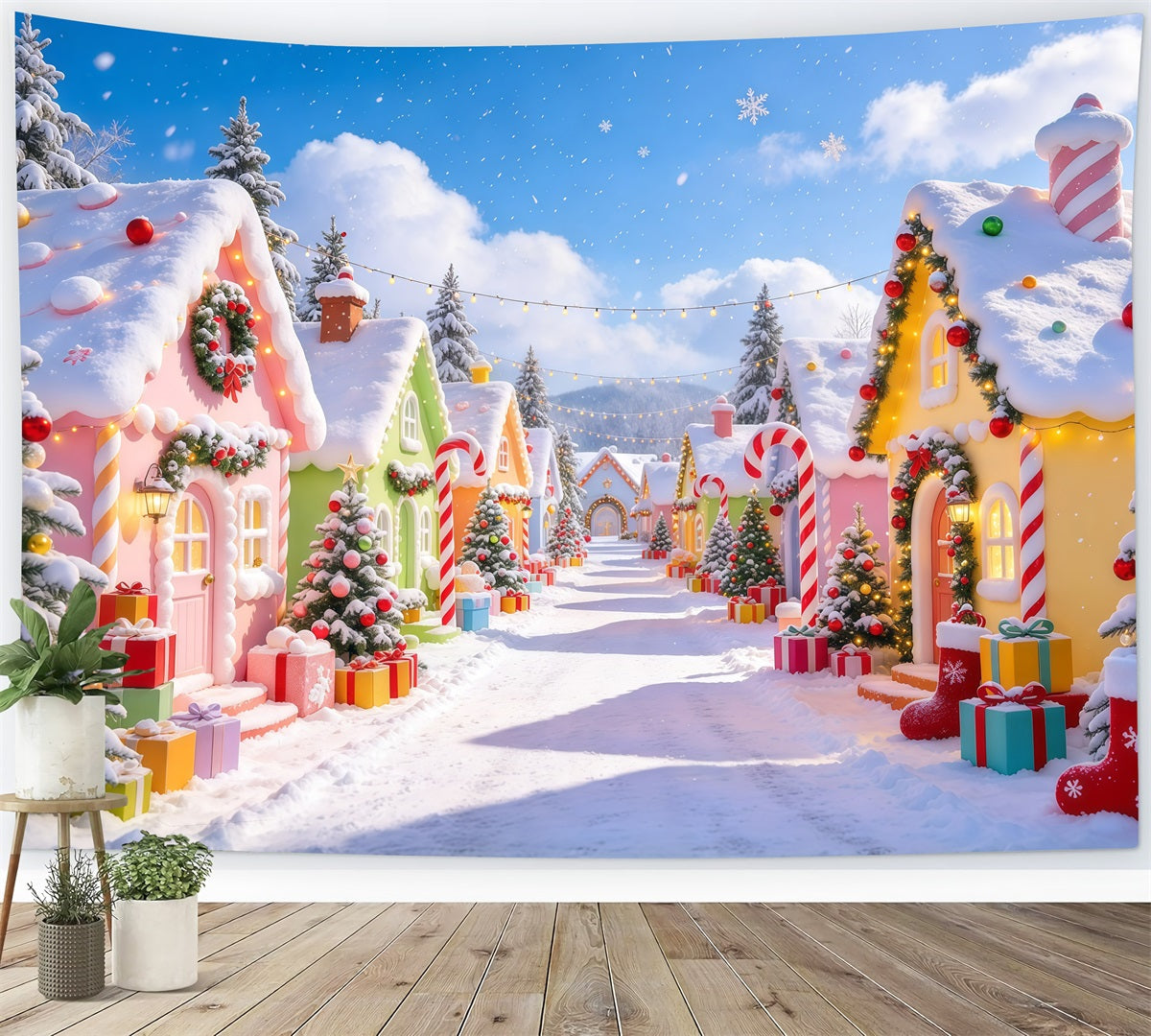 Christmas Village Backdrops Pastel Candy Cottage Snow Christmas Photo Backdrop UK GQ610-31