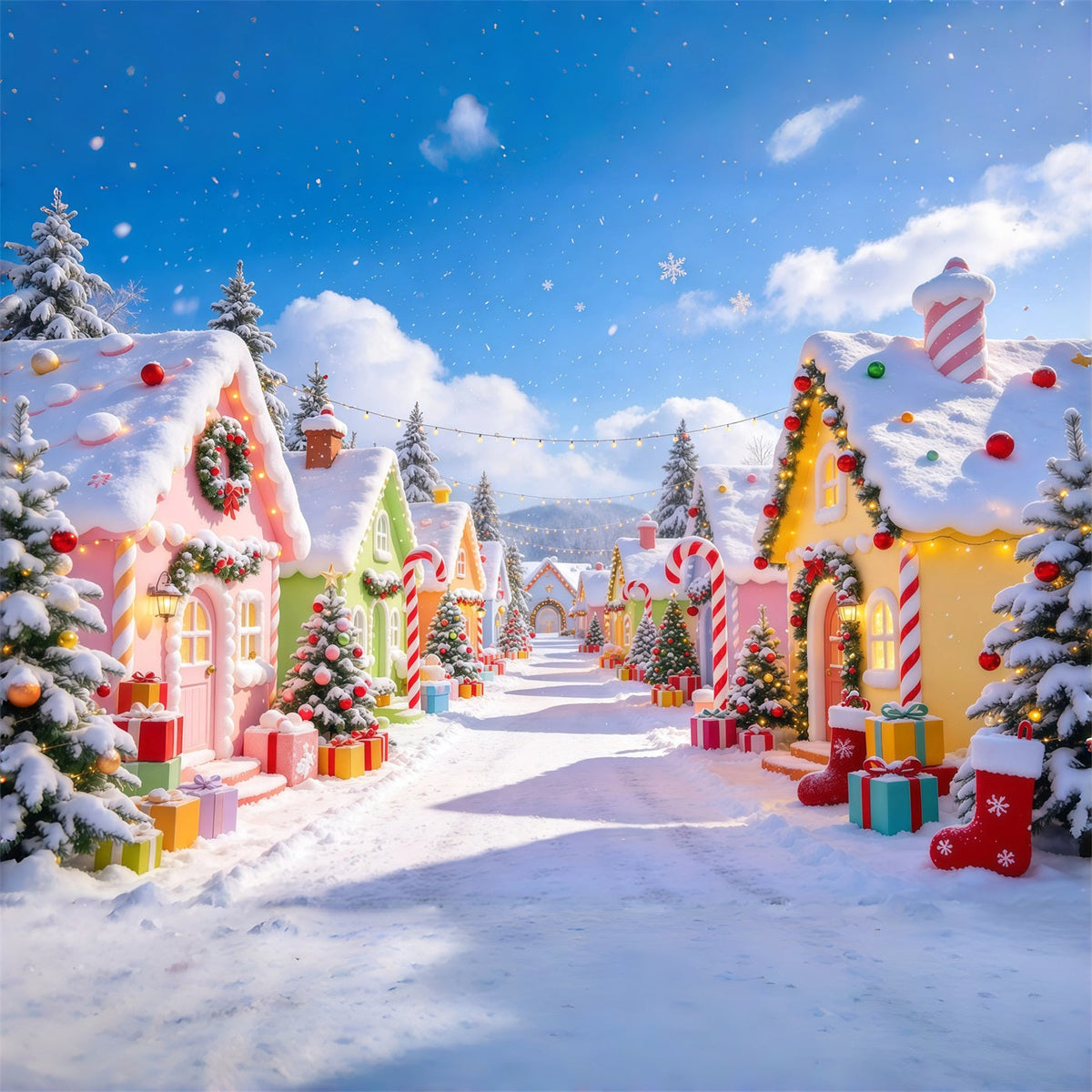 Christmas Village Backdrops Pastel Candy Cottage Snow Christmas Photo Backdrop UK GQ610-31