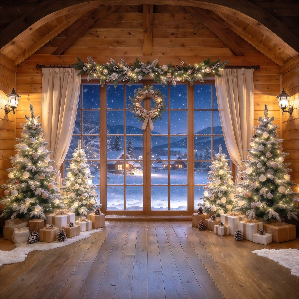 Santa Backdrop Champagne Fir Window Display Christmas Backdrops UK GQ610-33