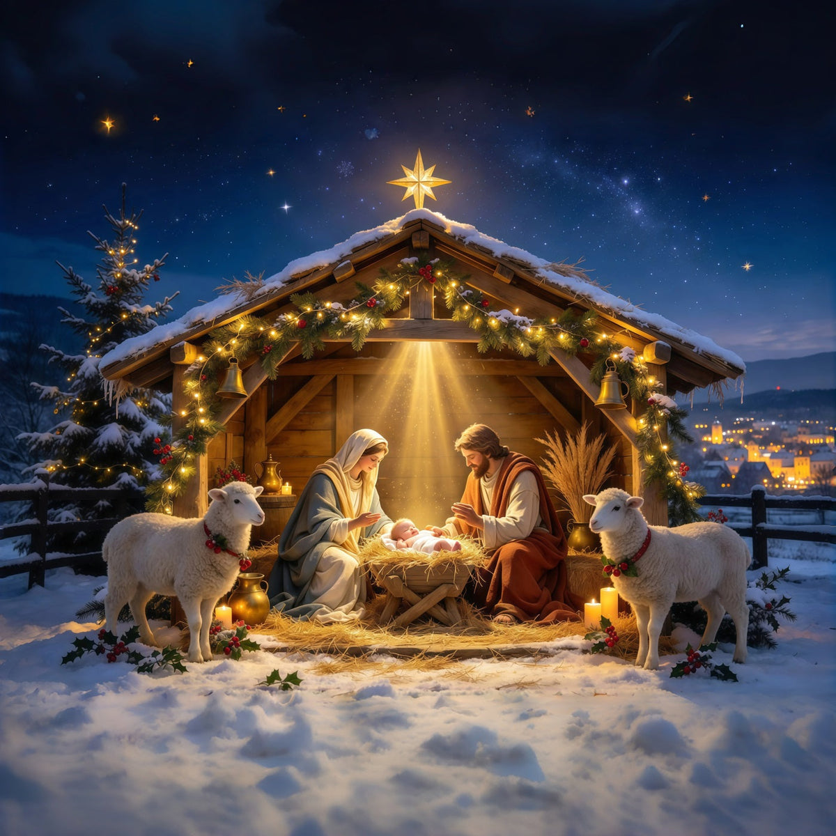 Nativity Scene Backdrop Golden Star Manger Stable Christmas Photo Backdrops UK GQ610-34