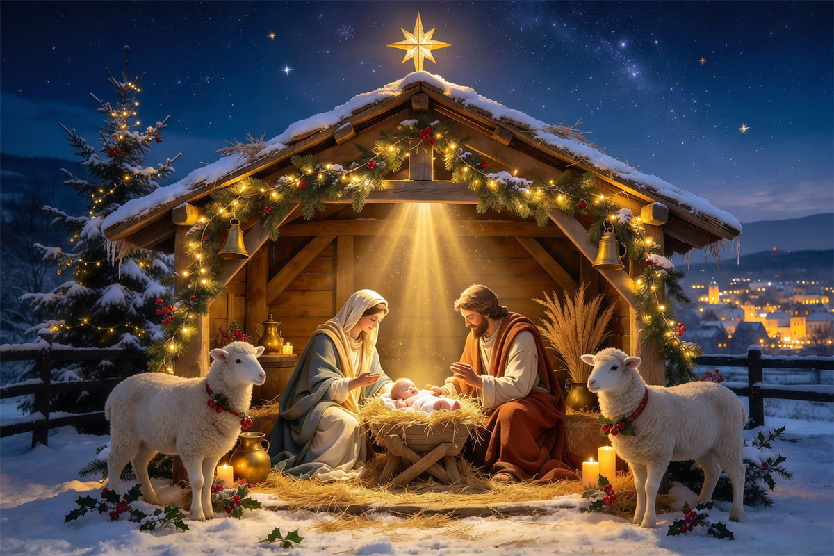Nativity Scene Backdrop Golden Star Manger Stable Christmas Photo Backdrops UK GQ610-34