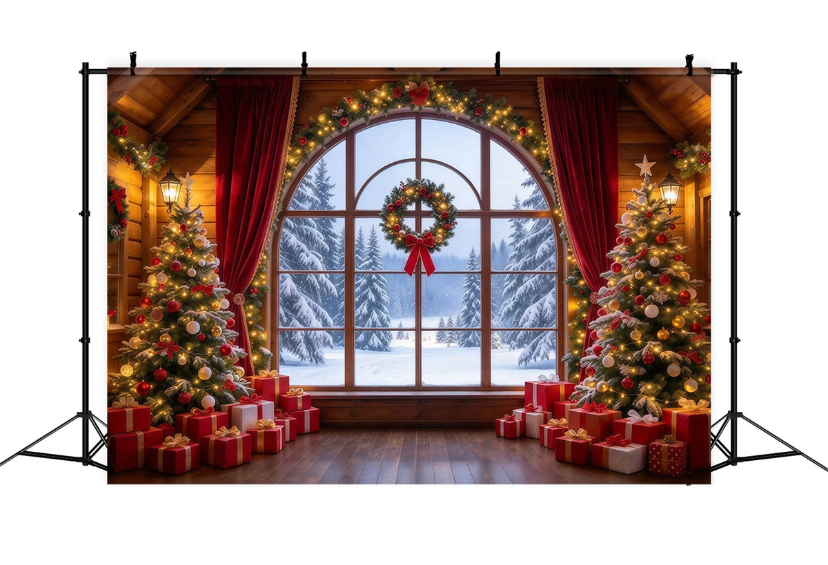 Christmas Backdrops Crimson Curtain Winter Window Christmas Backdrop for Photos UK GQ610-35
