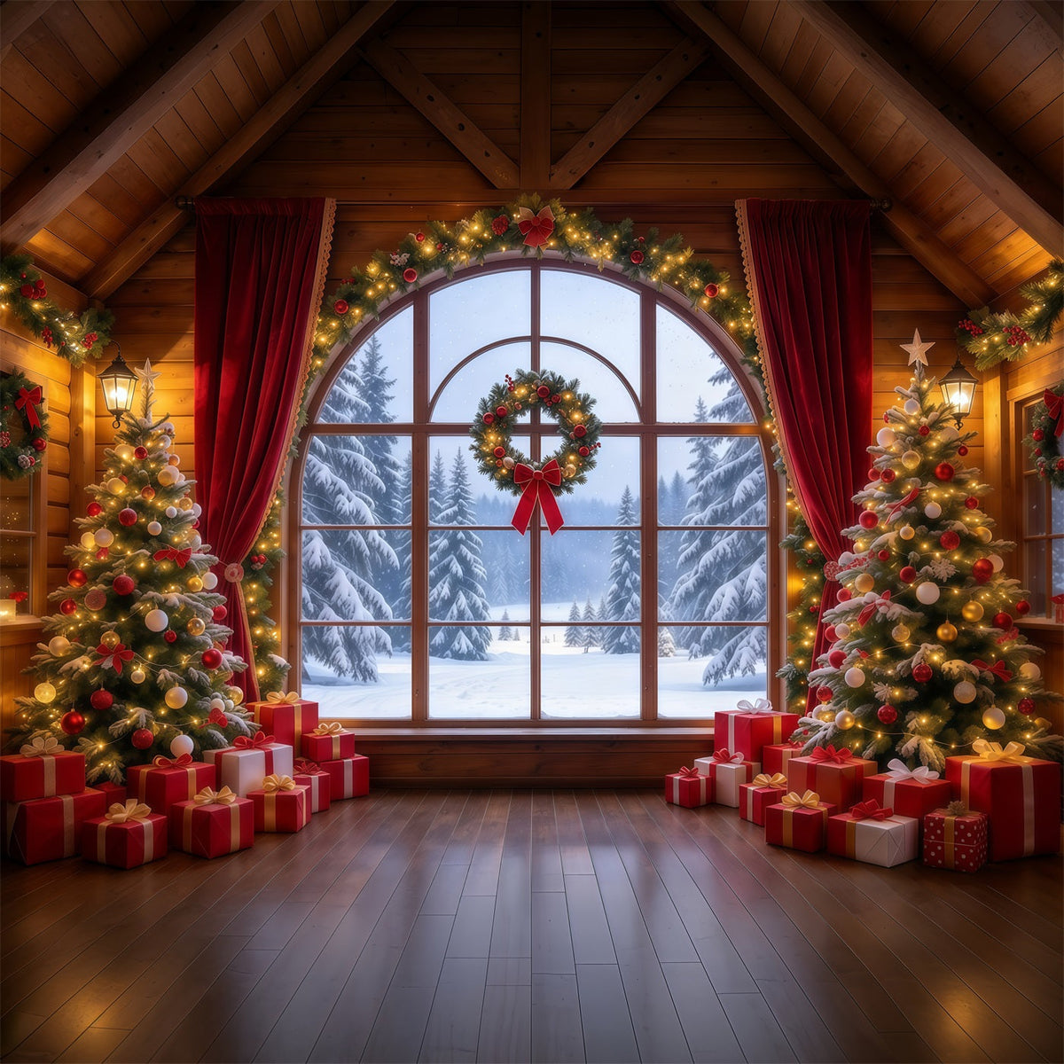 Christmas Backdrops Crimson Curtain Winter Window Christmas Backdrop for Photos UK GQ610-35