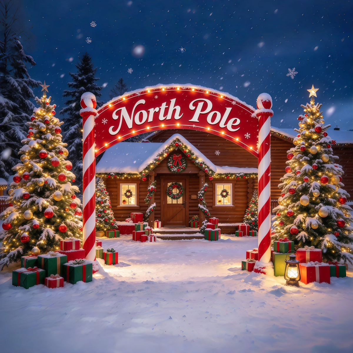 North Pole Photo Backdrop Winter Snow Lodge Gateway Professional Christmas Backdrop UK GQ610-36