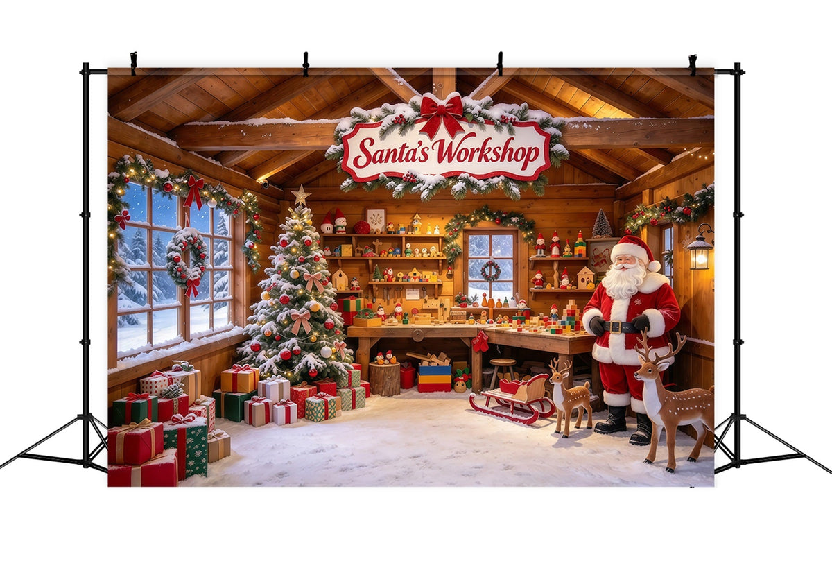 Santa Workshop Backdrop Rustic Toymaking Cabin Interior Christmas Backdrops for Photography UK GQ610-39