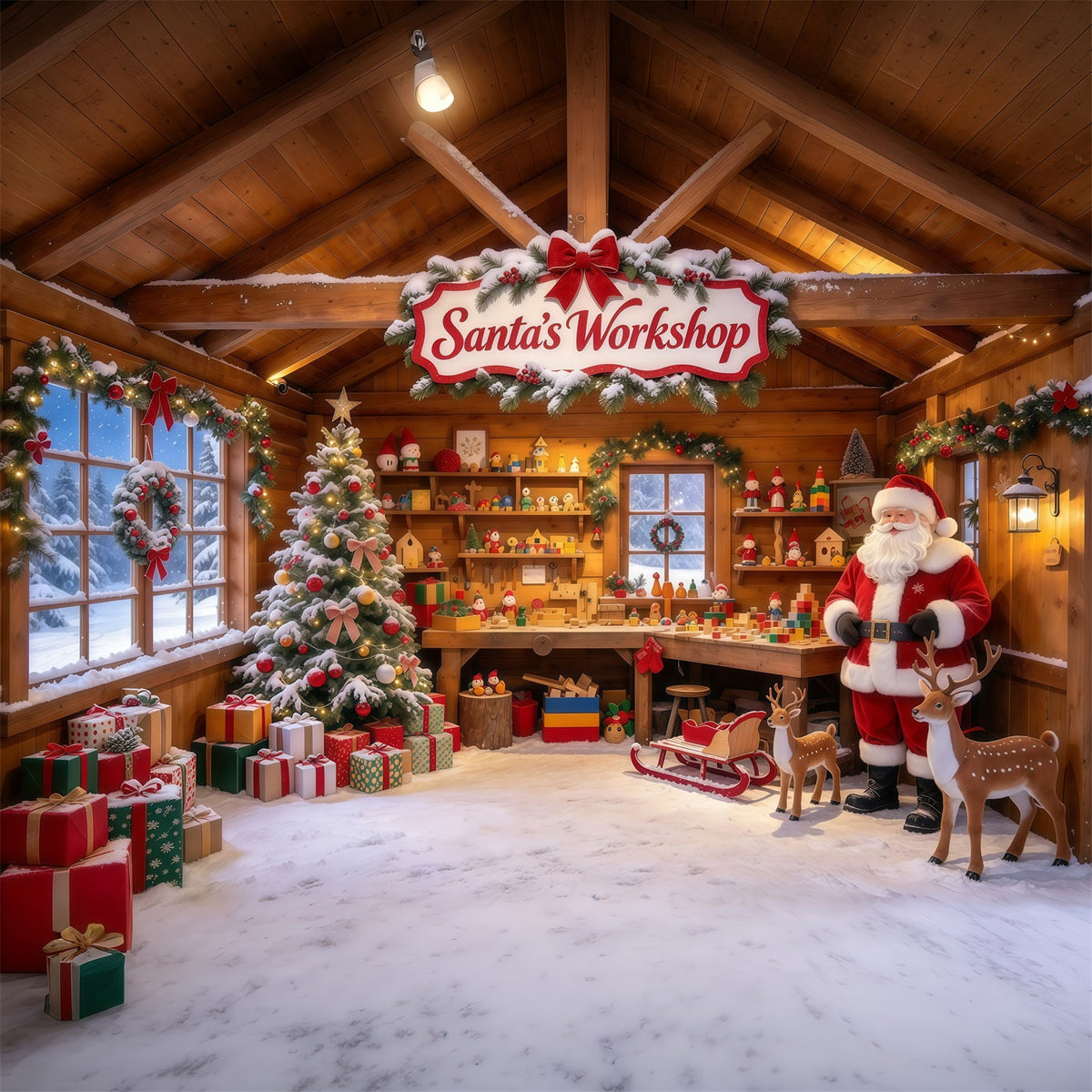 Santa Workshop Backdrop Rustic Toymaking Cabin Interior Christmas Backdrops for Photography UK GQ610-39