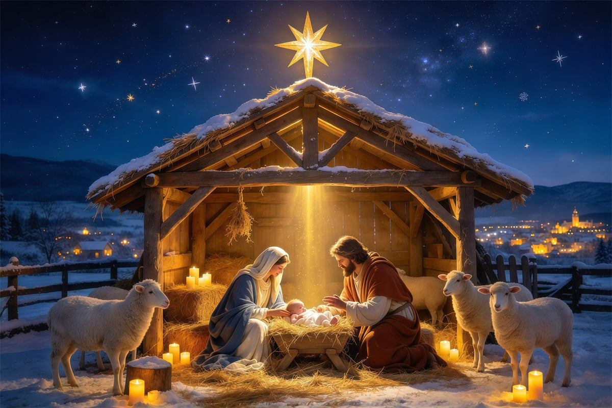 Nativity Scene Backdrop Starry Manger Stable Gathering Christmas Photo Backdrops UK GQ610-4