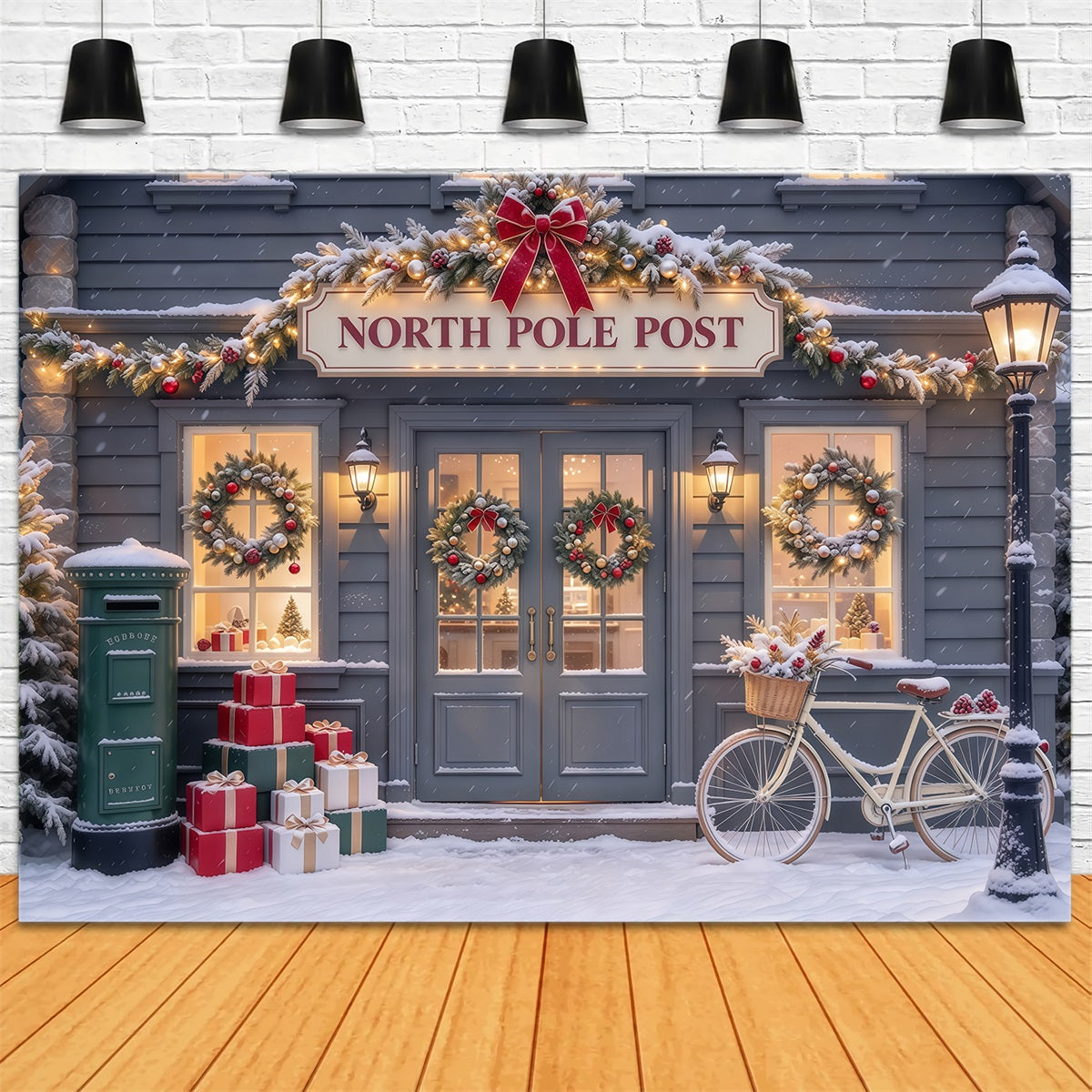 North Pole Photo Backdrop Snowy Post Office Bicycle Christmas Photography Backdrops UK GQ610-43
