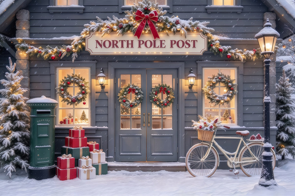 North Pole Photo Backdrop Snowy Post Office Bicycle Christmas Photography Backdrops UK GQ610-43
