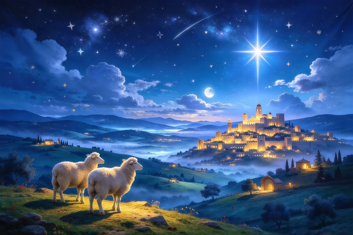 Nativity Scene Backdrop Starlit Castle Shepherd Sheep Christmas Backdrop Photography UK GQ610-45