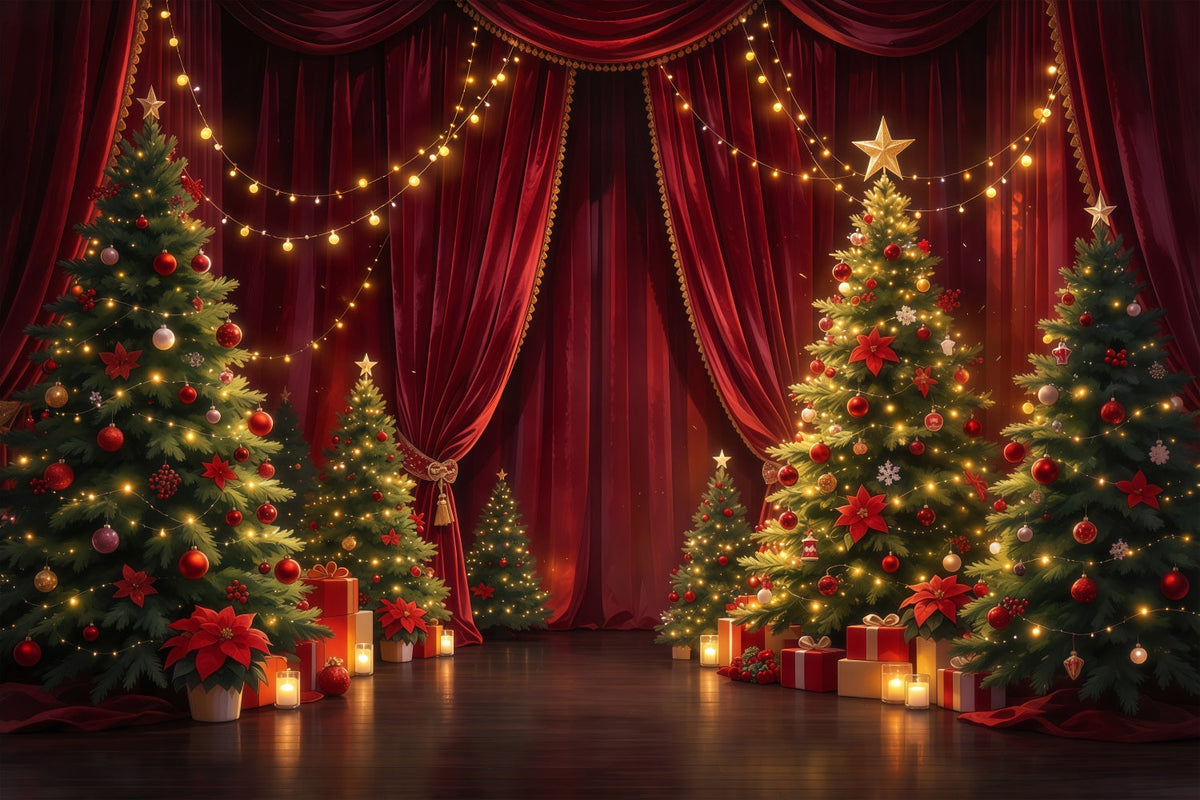 Christmas Backdrop for Photography Crimson Curtain Evergreen Display Christmas Stage Backdrops UK GQ610-49