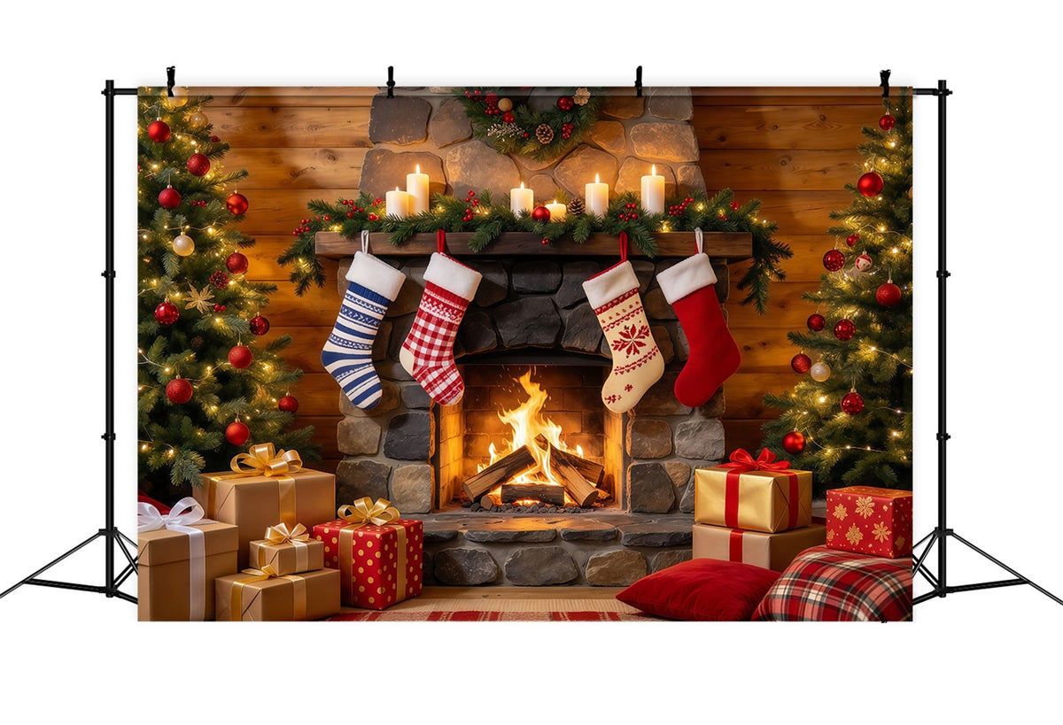 Christmas Fireplace Backdrop Rustic Fireplace Stocking Display Christmas Backdrop for Photography UK GQ610-54