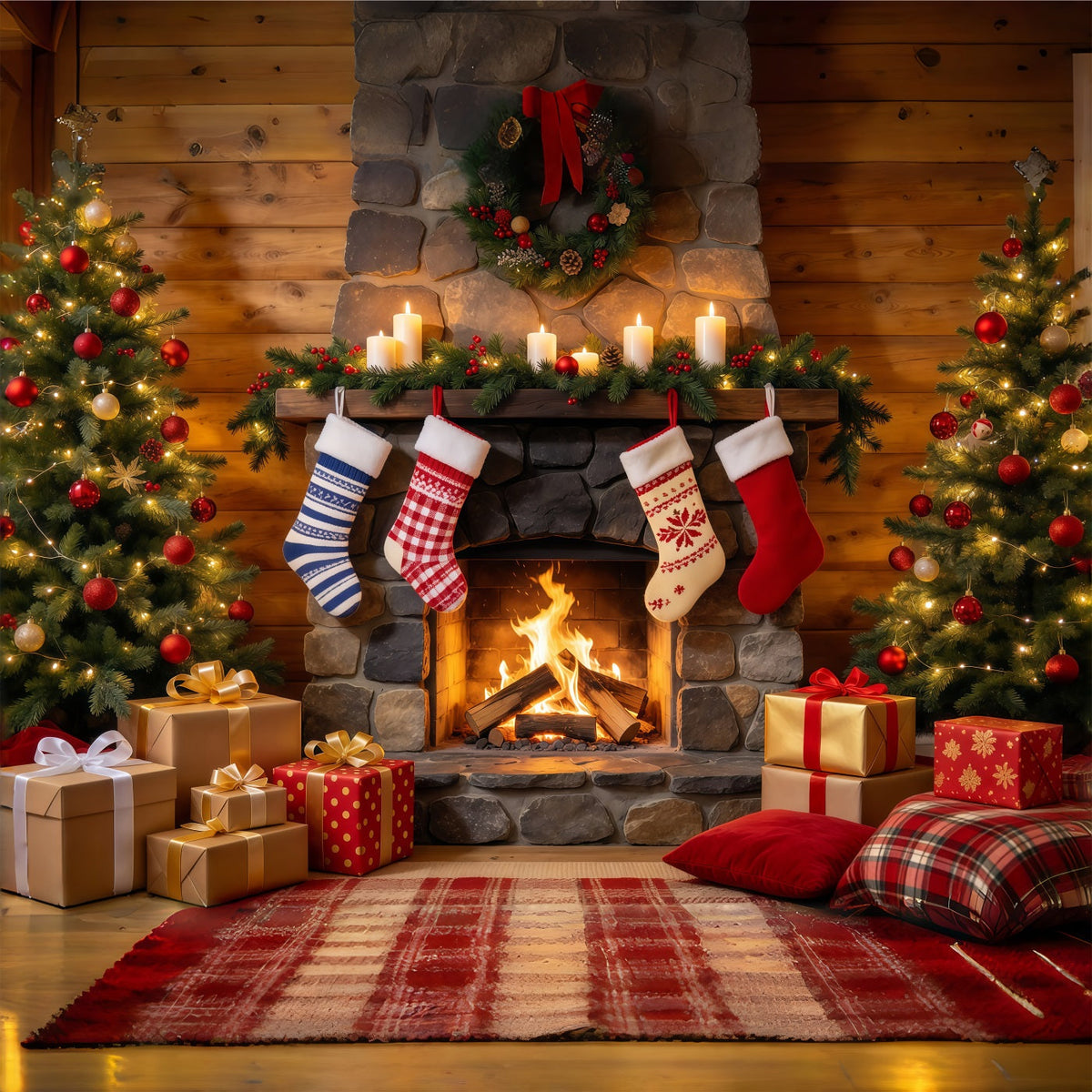 Christmas Fireplace Backdrop Rustic Fireplace Stocking Display Christmas Backdrop for Photography UK GQ610-54