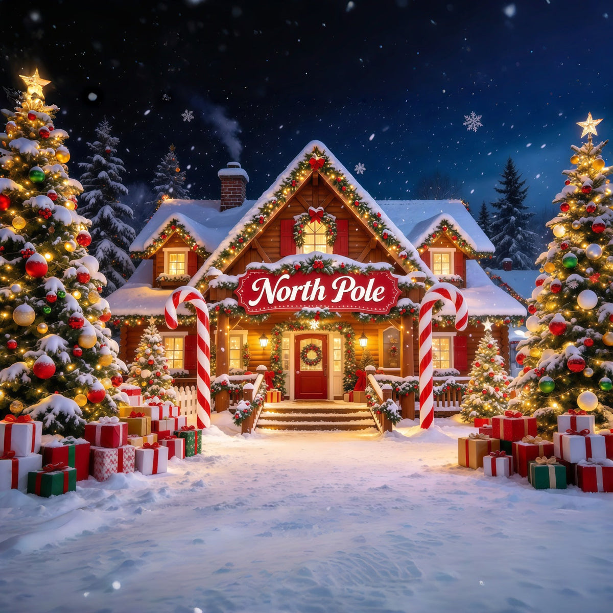 North Pole Photo Backdrop Snowy Lodge Candy Cane Arch Professional Christmas Backdrop UK GQ610-6