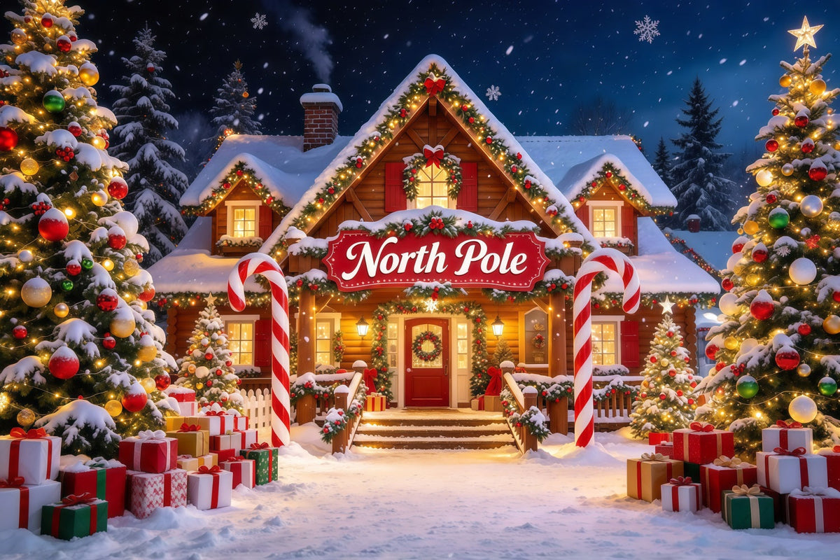 North Pole Photo Backdrop Snowy Lodge Candy Cane Arch Professional Christmas Backdrop UK GQ610-6