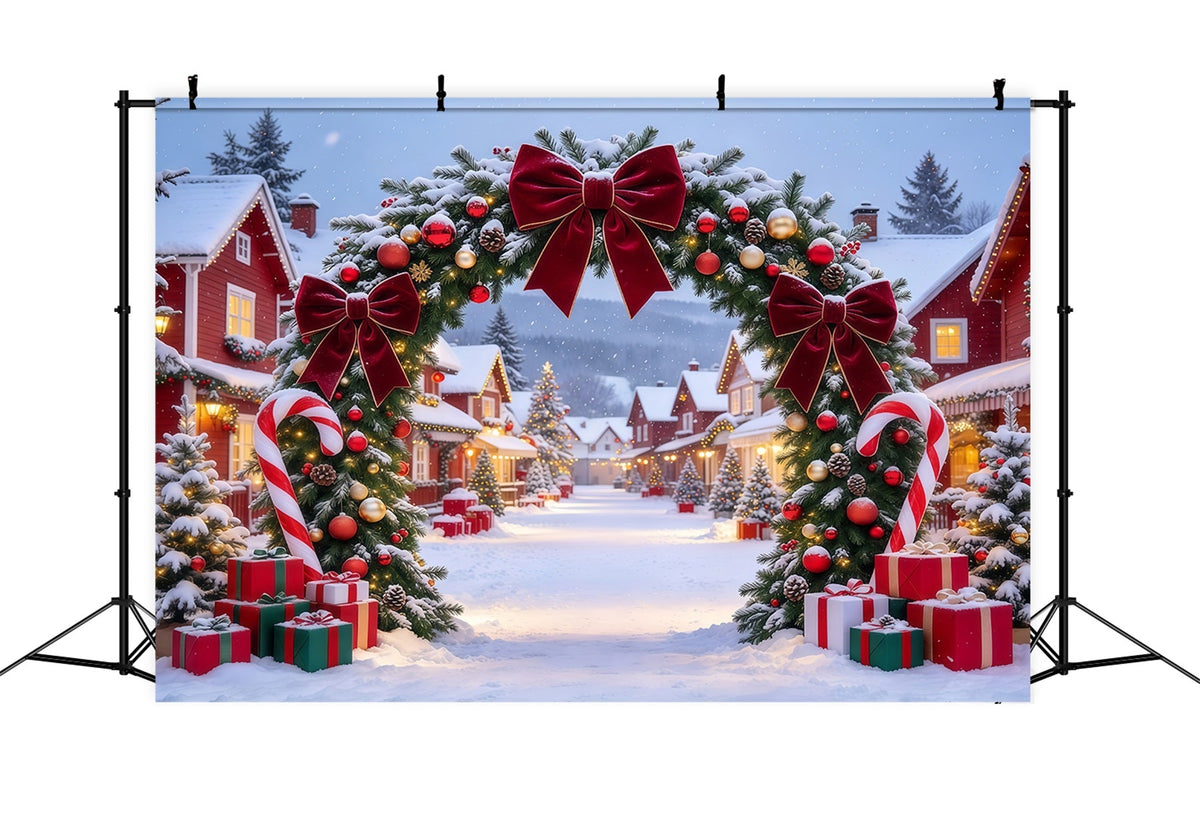 Christmas Village Backdrops Burgundy Bow Candy Cane Arch Christmas Themed Backdrops UK GQ610-62