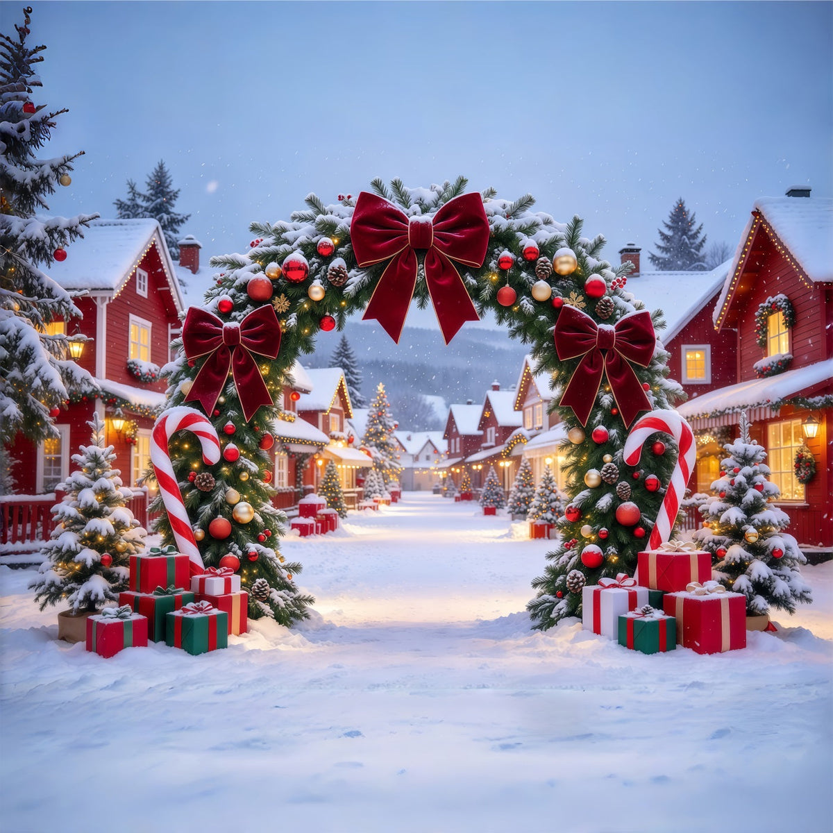 Christmas Village Backdrops Burgundy Bow Candy Cane Arch Christmas Themed Backdrops UK GQ610-62