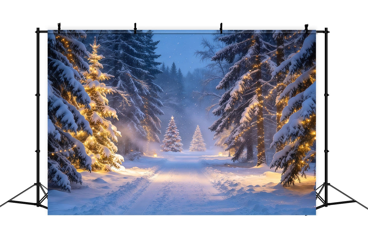 Christmas Tree Forest Backdrop Glowing Snowy Evergreen Trail Christmas Party Photo Backdrop UK GQ610-67