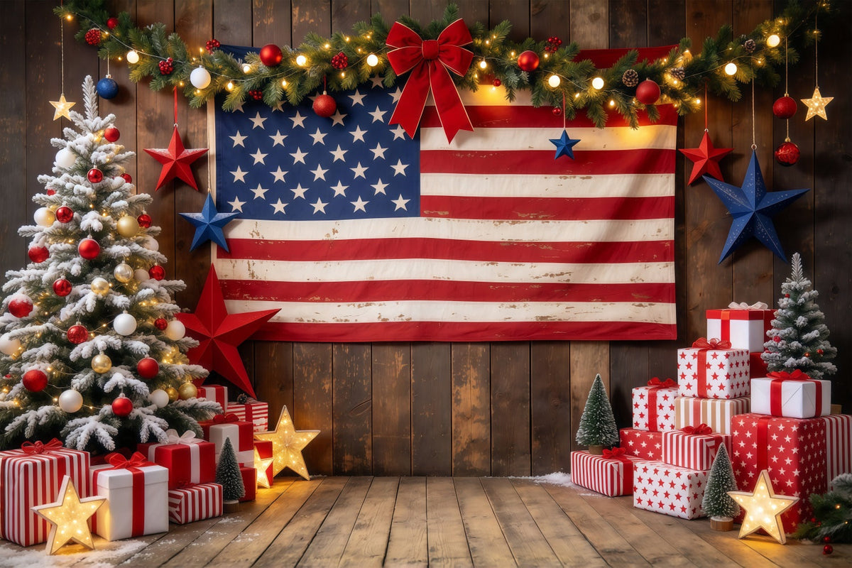 Country Christmas Backdrop Rustic Flag Gift Display Christmas Tree Photography Backdrop UK GQ610-68