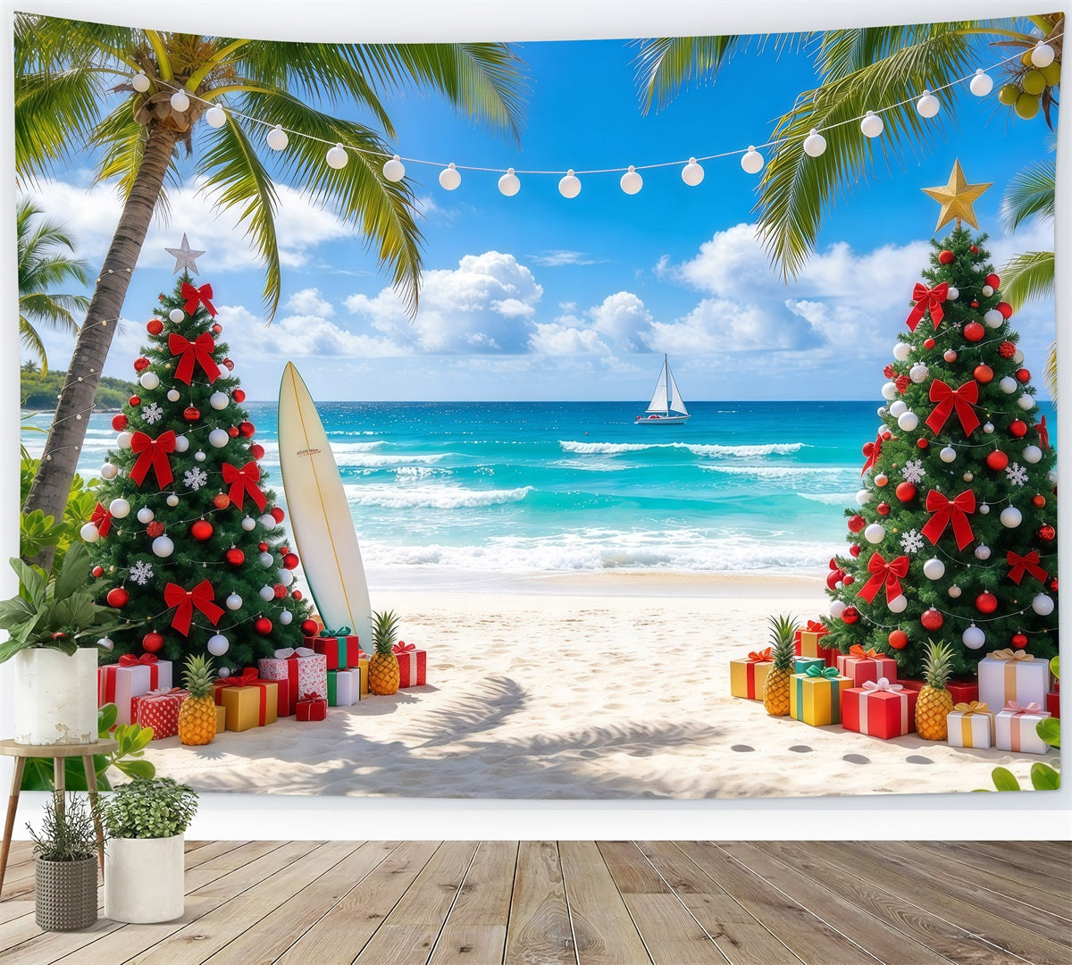Tropical Christmas Backdrop Palm Sea Beach Surfboard Christmas Backdrops for Photos UK GQ610-7