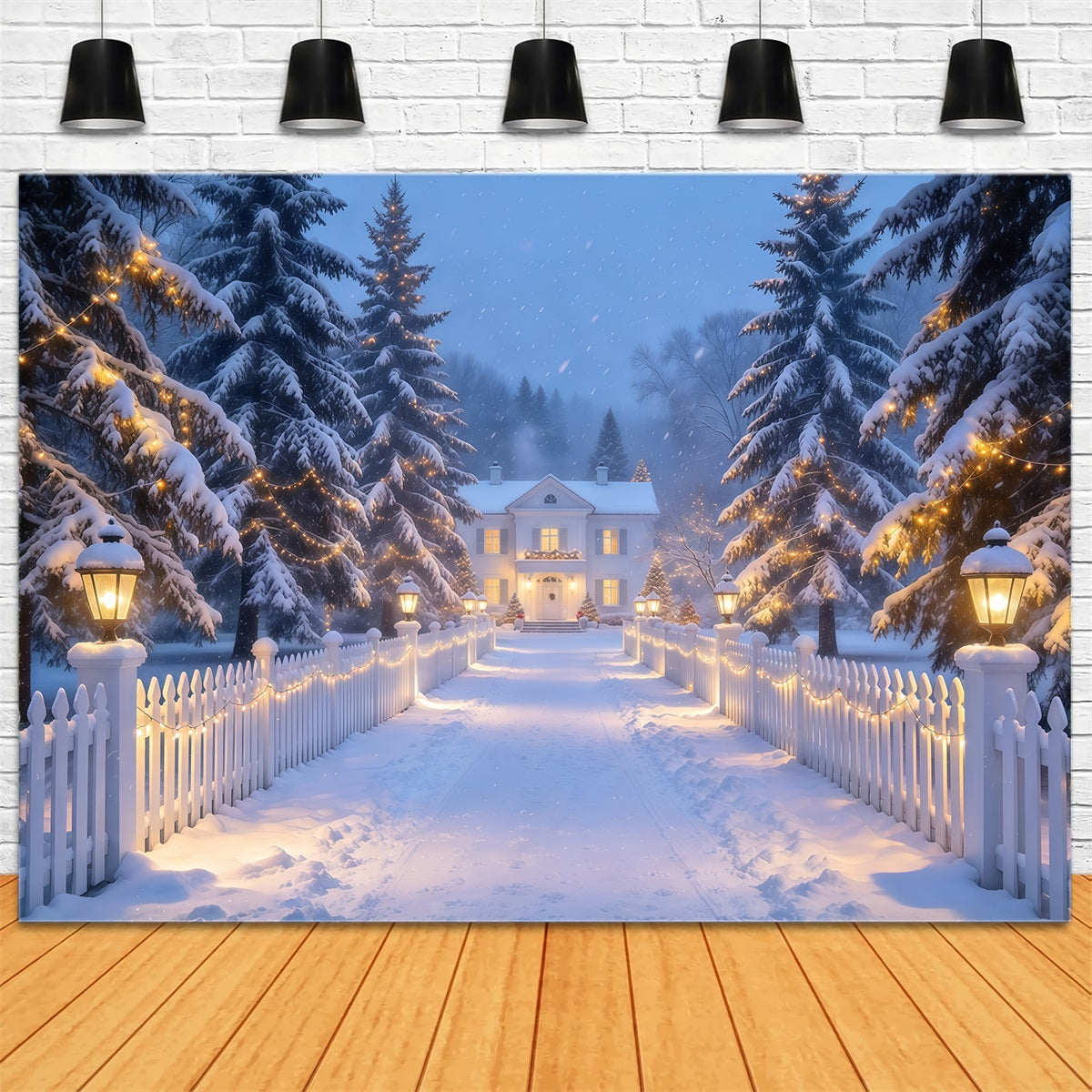 Christmas Lights Photo Backdrop Snowy Lantern Picket Path Christmas Photobooth Backdrop UK GQ610-72