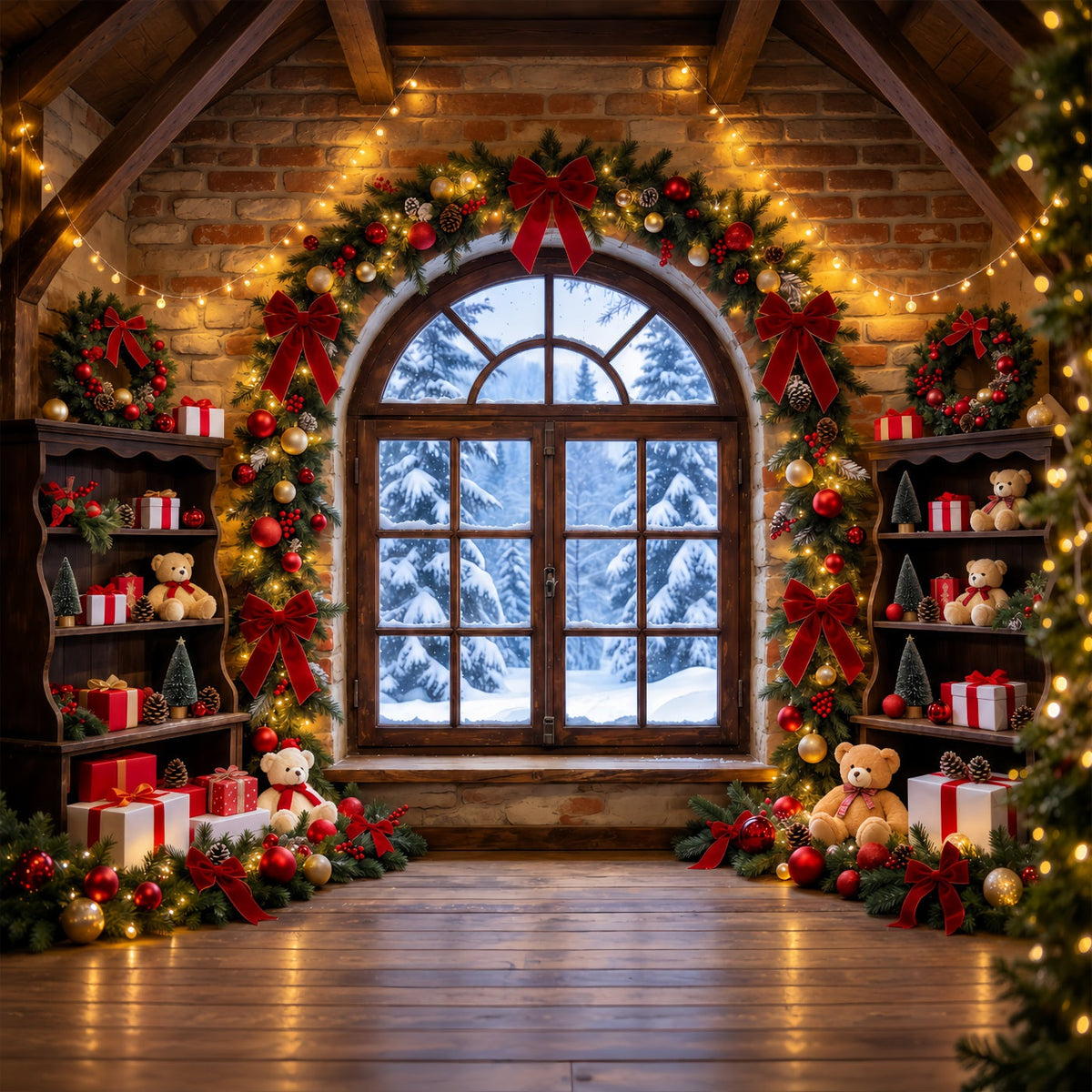 Christmas Window Backdrops Rustic Toy Room Interior Christmas Holiday Backdrop UK GQ610-74