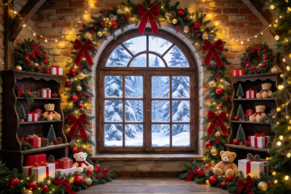 Christmas Window Backdrops Rustic Toy Room Interior Christmas Holiday Backdrop UK GQ610-74