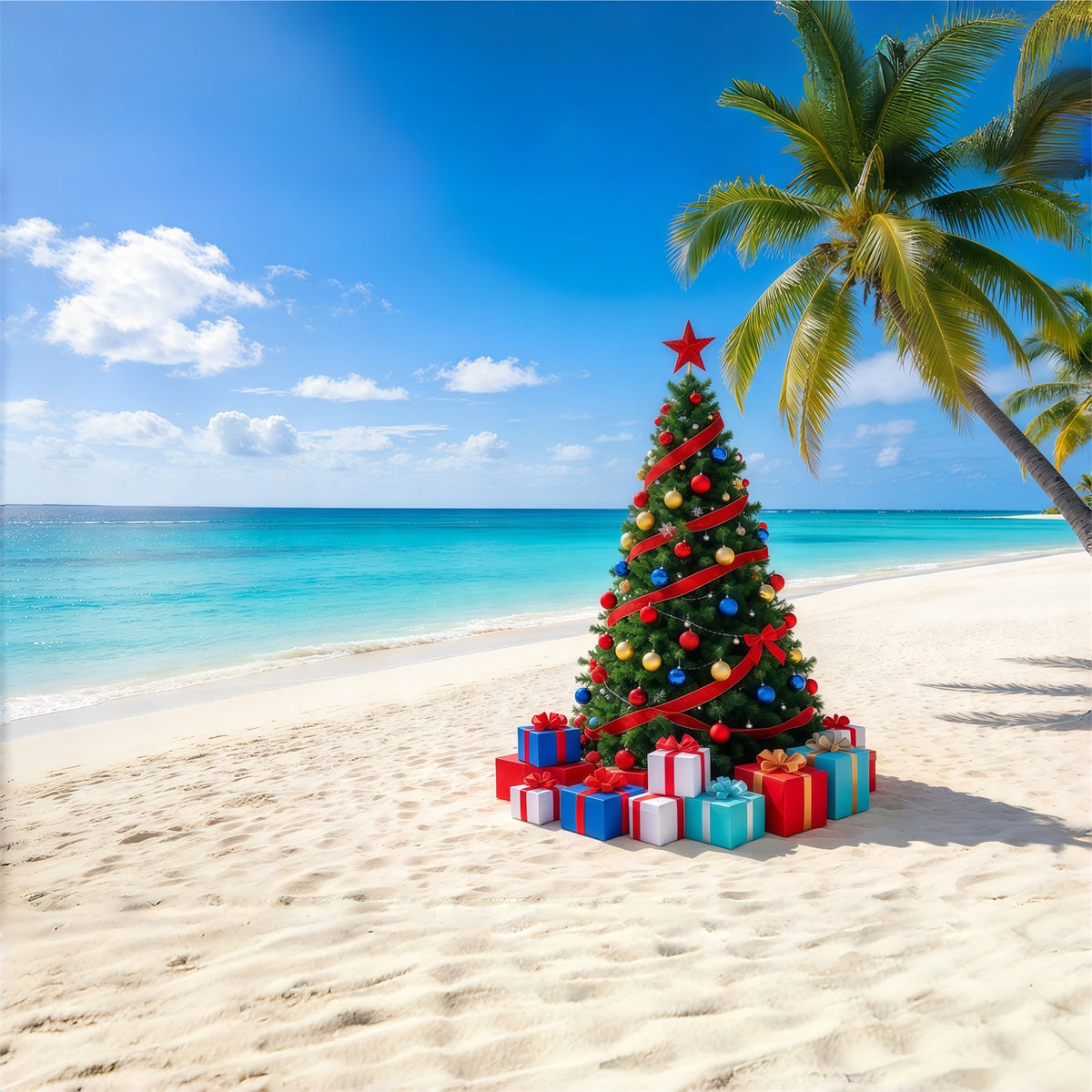 Christmas Tree Backdrops Tropical Beach Decorated Tree Christmas Themed Backdrop UK GQ610-79