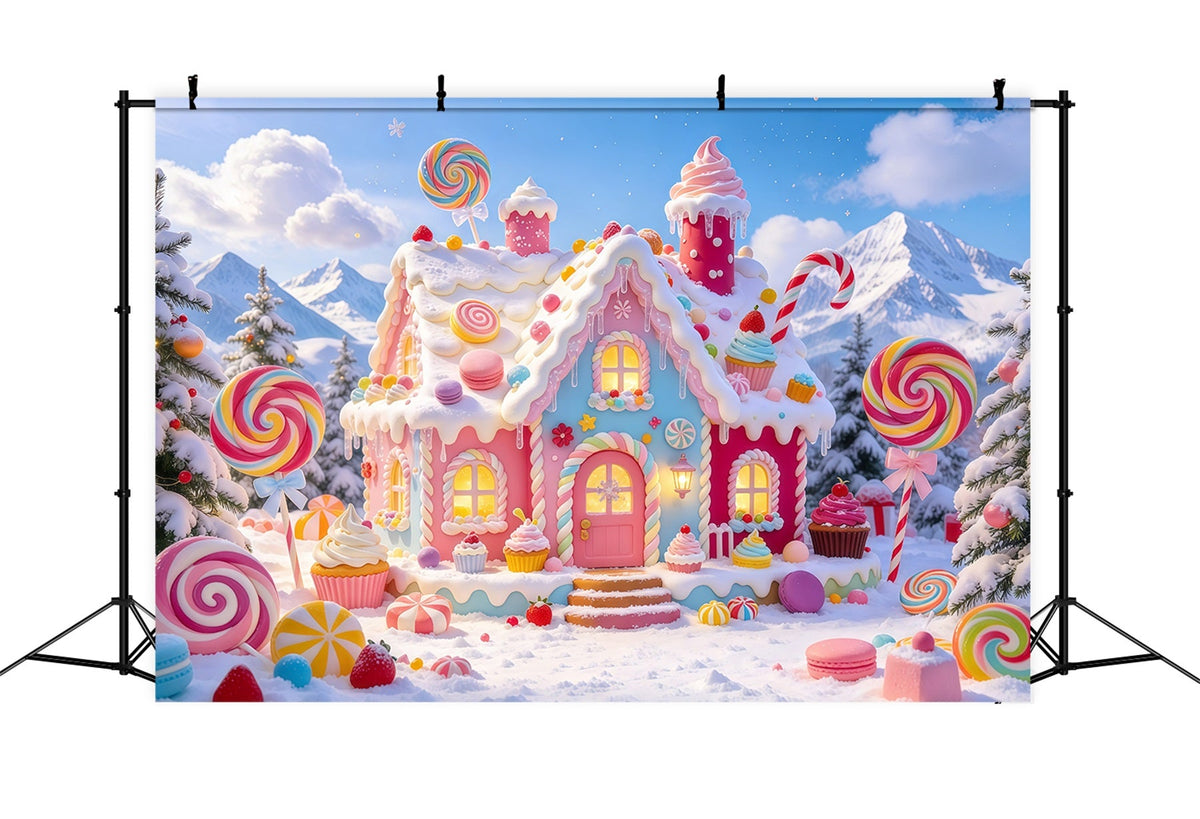Gingerbread House Backdrop Snowy Pastel Candy Cottage Christmas Wall Backdrops UK GQ610-82