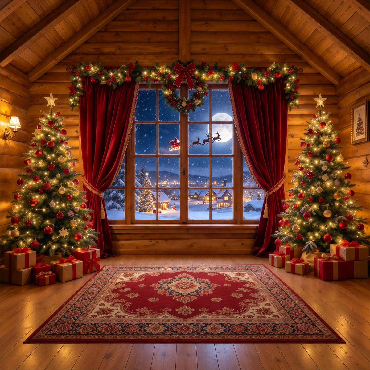 Santa Backdrop Rustic Cabin Santa Window Christmas Scene Backdrops UK GQ610-83