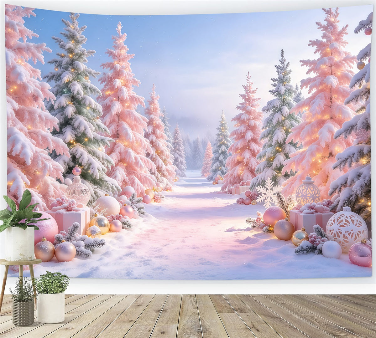 Christmas Tree Backdrops Blush Pink Ornament Forest Christmas Stage Backdrop UK GQ610-85